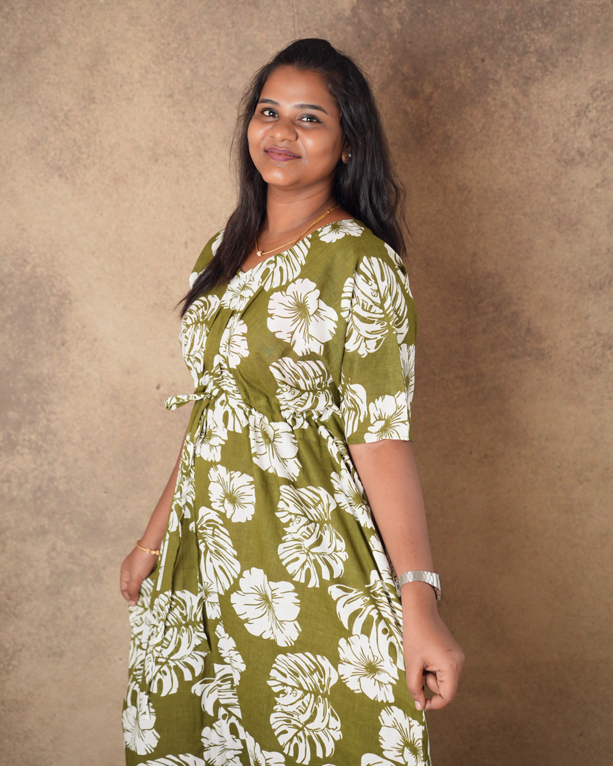Olive Green Floral Pure Cotton kaftan - ALP008