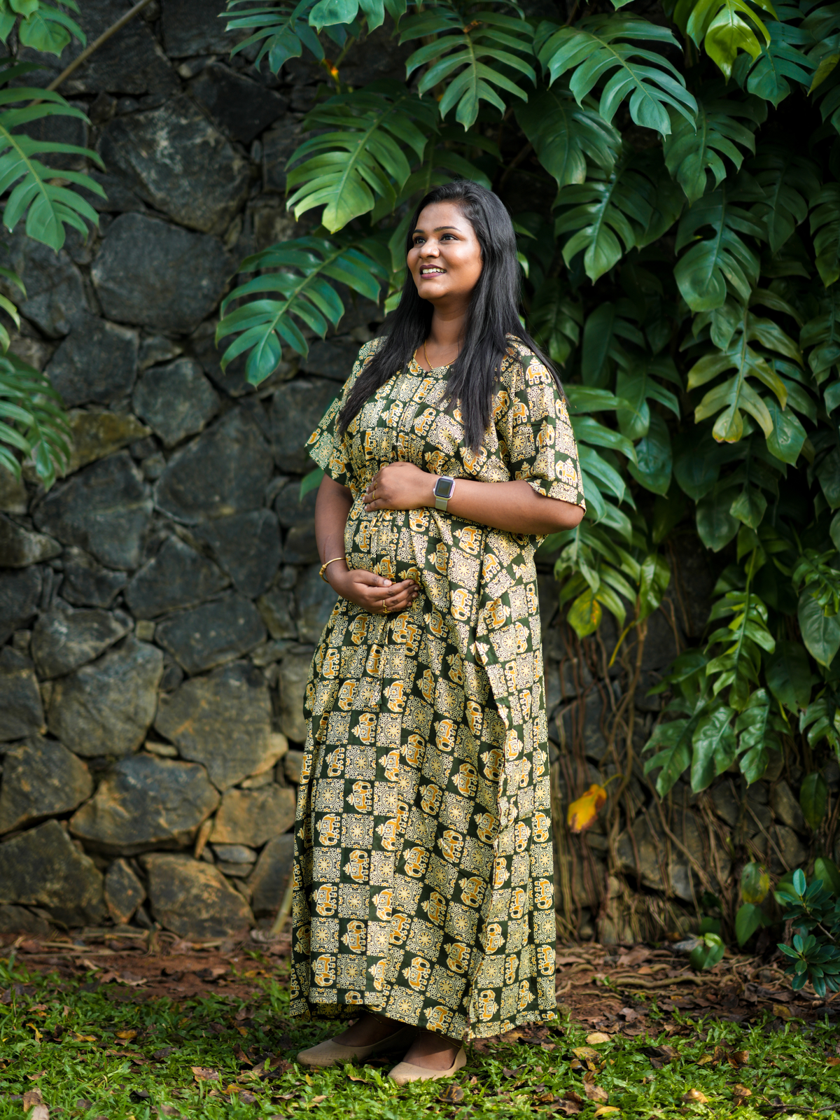 Green Elephant Feeding Cotton Kaftan - ALPF006