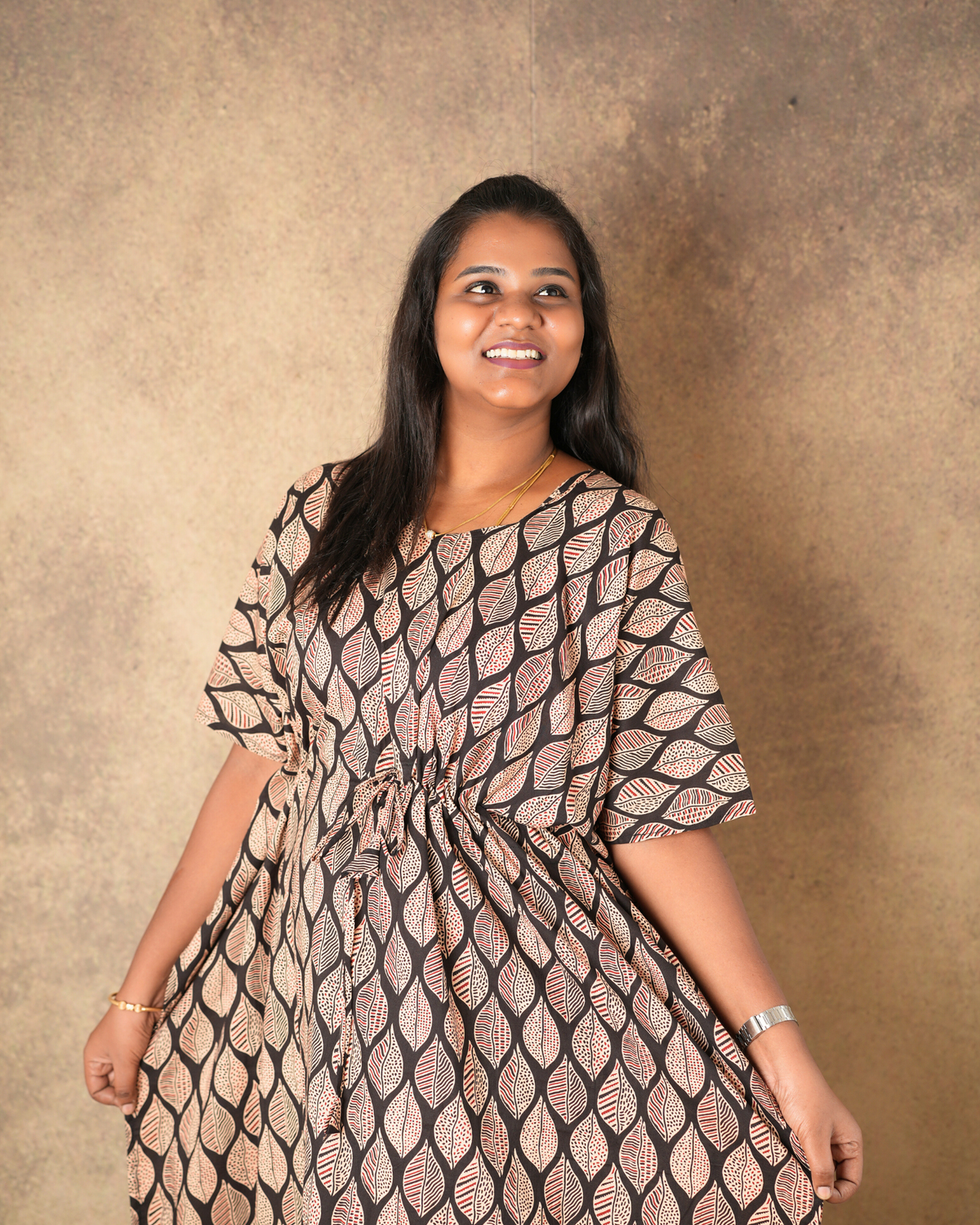 Black Wide Leaf Pure cotton Kaftan - ALP010