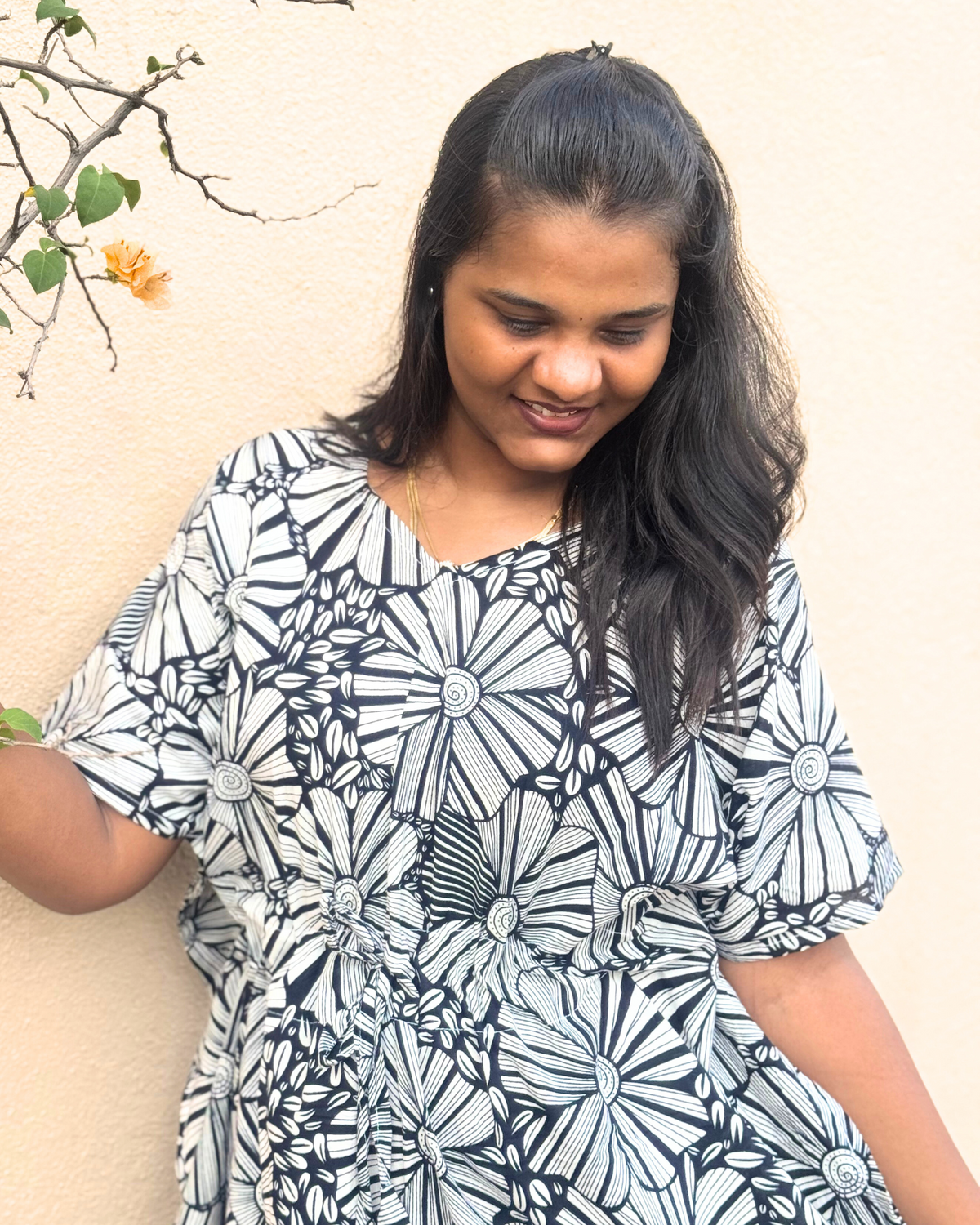 Black Big Flower Pure cotton kaftan - ALP027